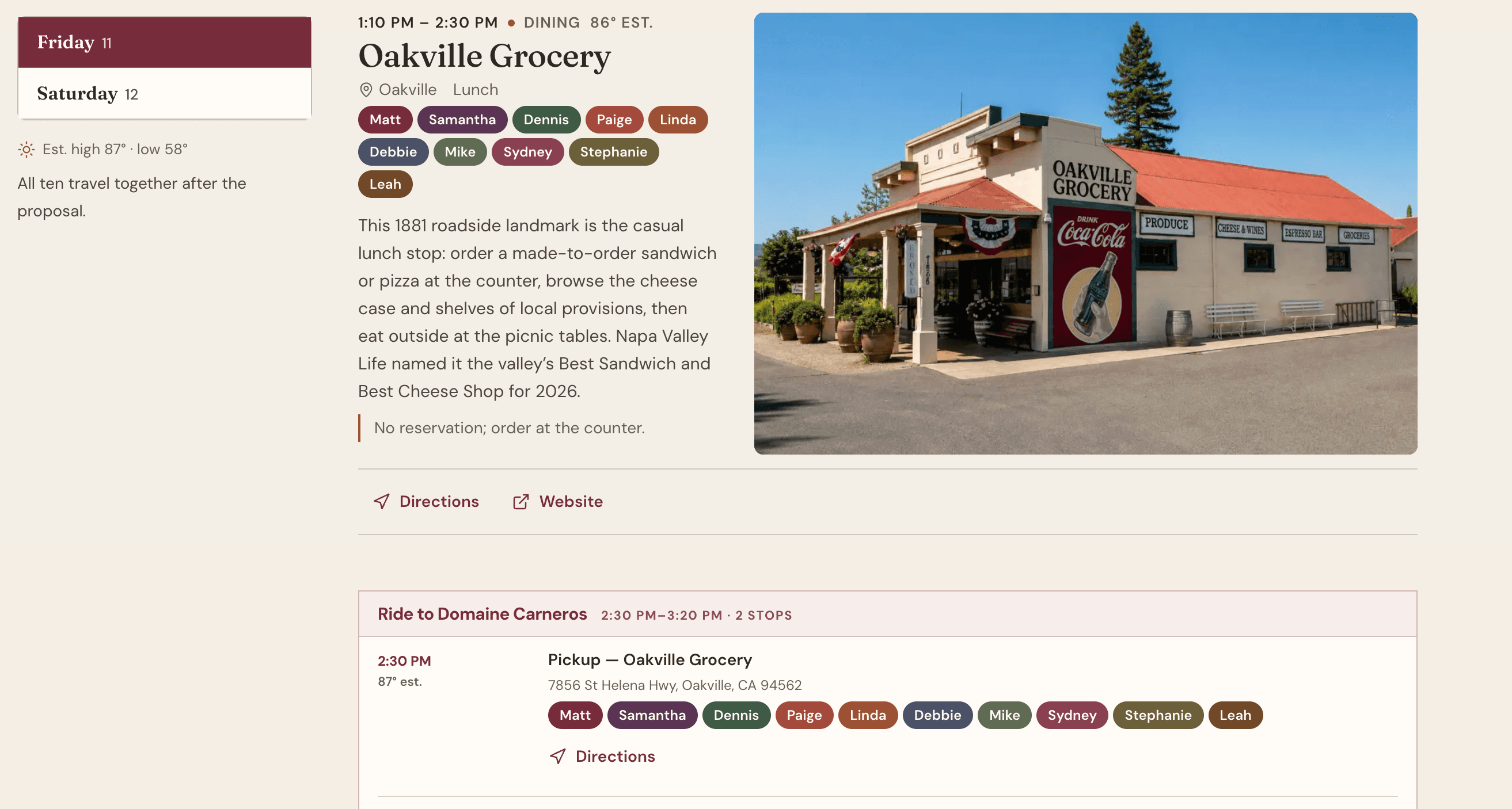 Napa Proposal Weekend itinerary featuring Oakville Grocery